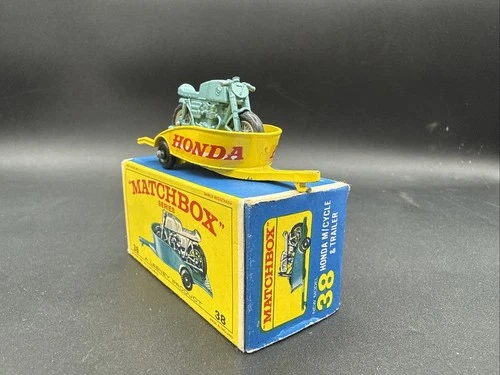 Vintage Lesney Matchbox #38 HONDA MOTORCYCLE & TRAILER Original Box COMPLETE