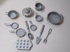 Barbie Doll Gray Kitchen Cookware Set Accessories: Pots Pans Utensils