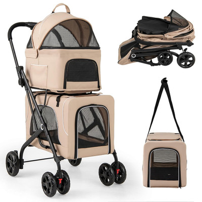 4-In-1 Double Pet Stroller with 2 Detachable Carriers, Foldable Dog Cat Travel S