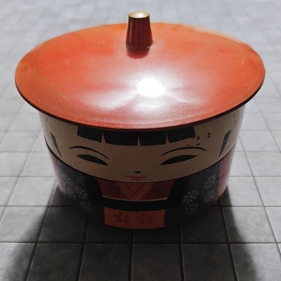 VTG 3 Piece Set JAPANESE Kokeshi Doll Lacquer Ware Lidded Bento Box Bowl Teacup