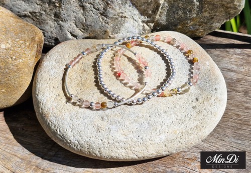 Handmade Stackable Stretch Bracelets With Sterling Silver & WatermelonTourmaline - Picture 2 of 11