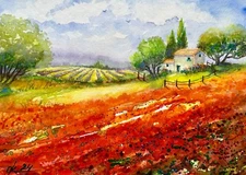 Original Watercolor Painting Landscape poppy field Provence farm red flowers A4