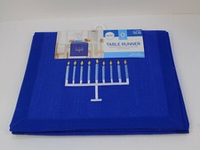Hanukkah Menorah Table Runner 14in x 72in Blue Embroidered Dining Room Decor