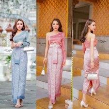 Thai Set Dress Skirt Silk Wedding Blouse Long Women Pearl One Sleeve Brooch Belt