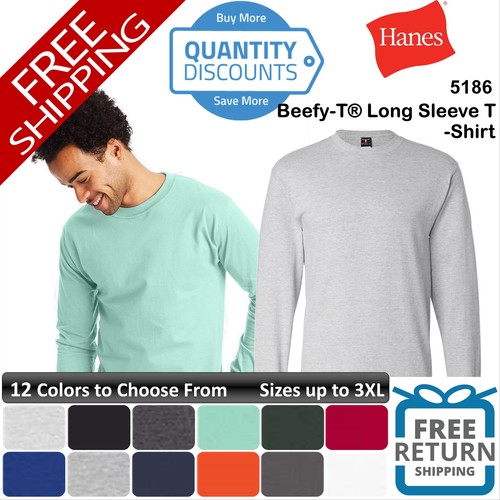 Hanes Men Beefy-t Long Sleeve Ring-spun Cotton & Blends T-shirt Up To 3XL 5186 - 第 1/55 張圖片