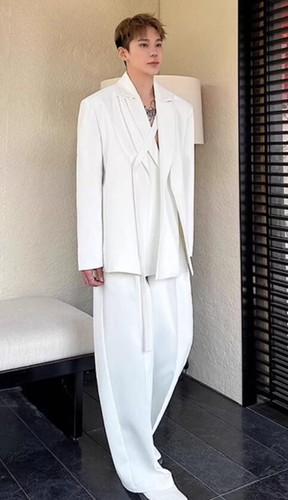 Chic Hombres Solapa Manga Larga Corbata Camisa Prendas para el torso Pantalones Pierna Ancha Traje Pantalones 2 Piezas - Imagen 6 de 17