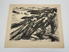 ANTIQUE PAINTING JO CAIN WPA LANDSCAPE REGIONALISM FISHERMAN COAST BEACH WORKERS