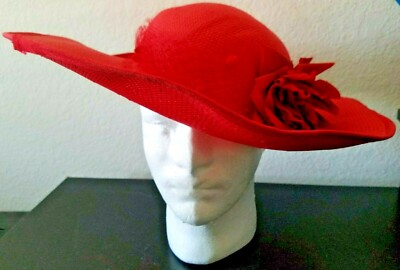 Miss Bierner Vintage Wide Brim Straw Hat Vintage Miss Bierner Red Straw Hat, Black Feather Accent - Etsy main image 3