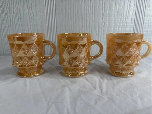 Anchor Hocking Fire King Kimberly Diamond Peach Luster set 3x Coffee Cup Mug