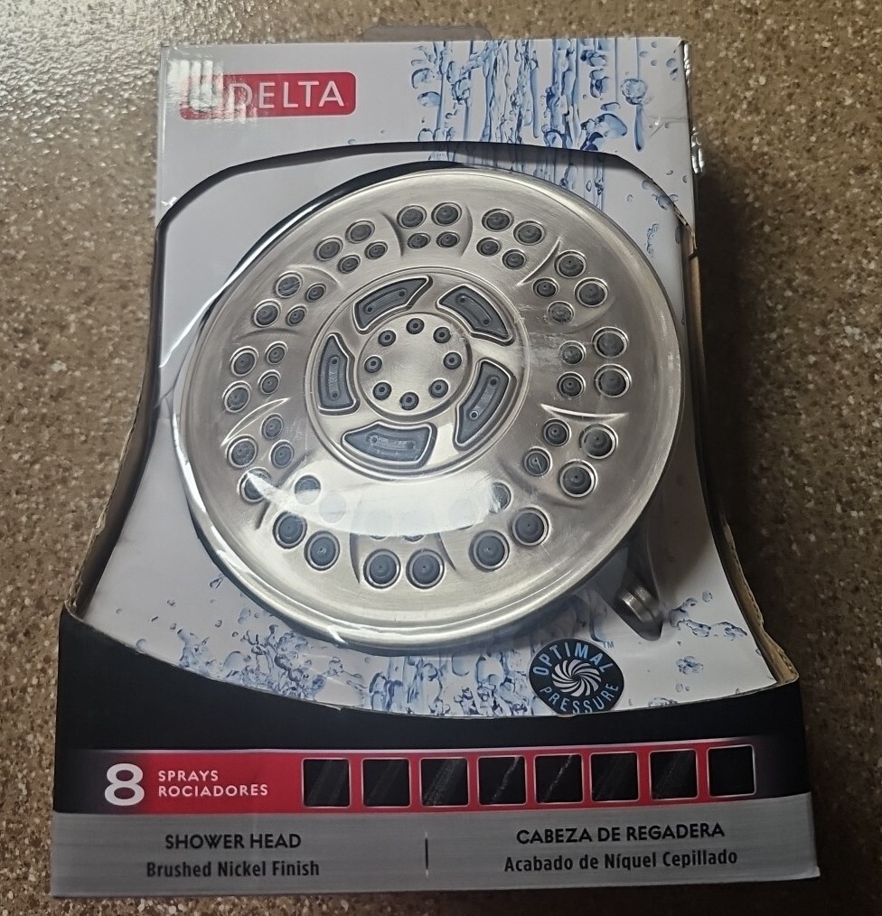 Delta 75899SN 6" Wall Mount Fixed Shower Head 8-Spray Pattern Brushed Nickel New