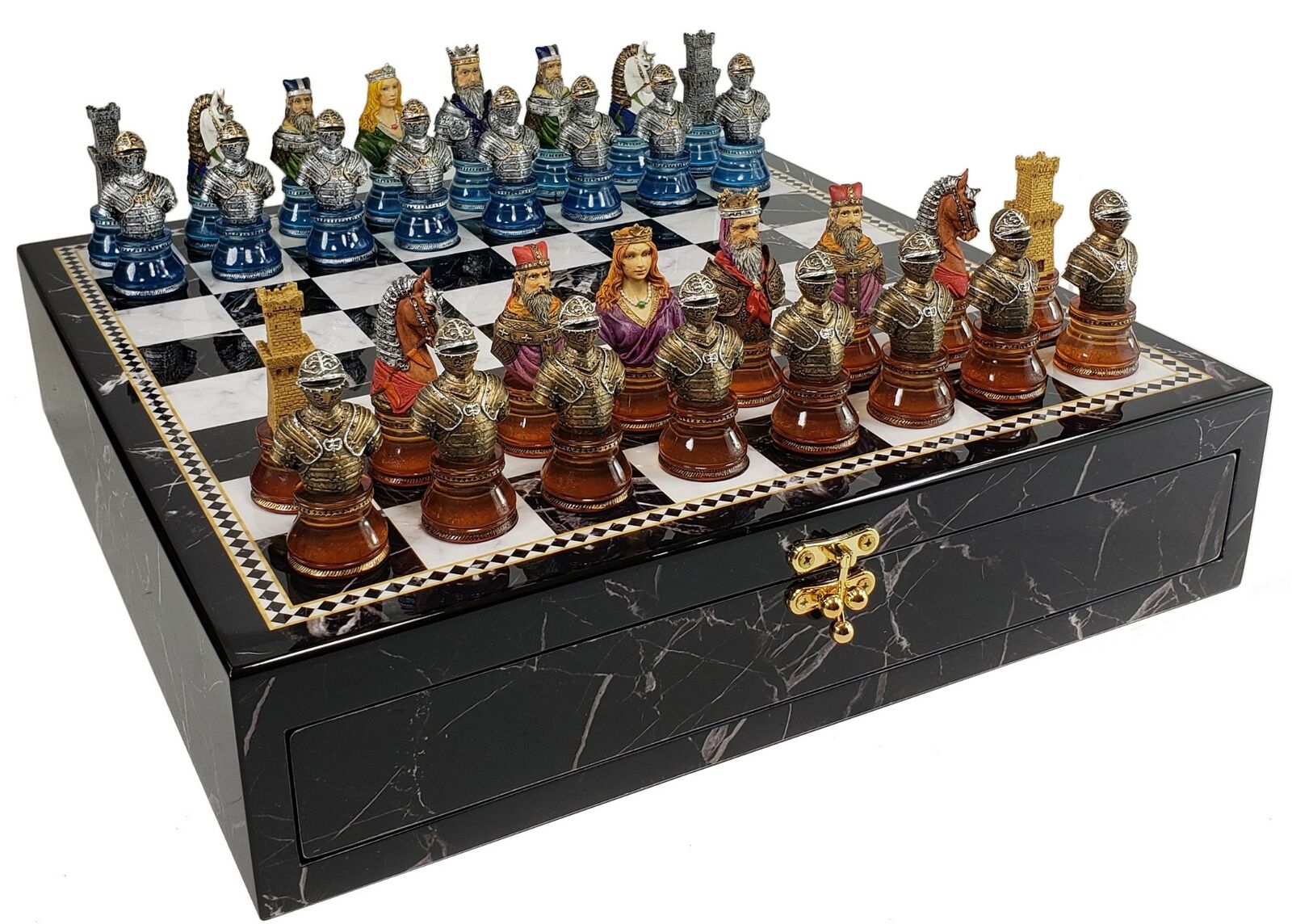 Medieval Times Crusades Pewter METAL Chess Set 16 Black & Red Faux Marble  Board