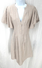 LOFT Linen Dress Deep V-Neck Button Darted Flutter Sleeve Beige Stripe SMALL