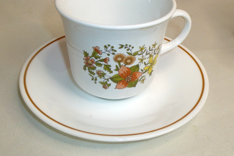 4 cups & 4 saucers Vintage Corelle Indian Summer Mugs white brown rim  Flower