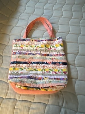 Handmade Patchwork Tote Bag   Floral Quilt Striped Market Bag with Peach Handles