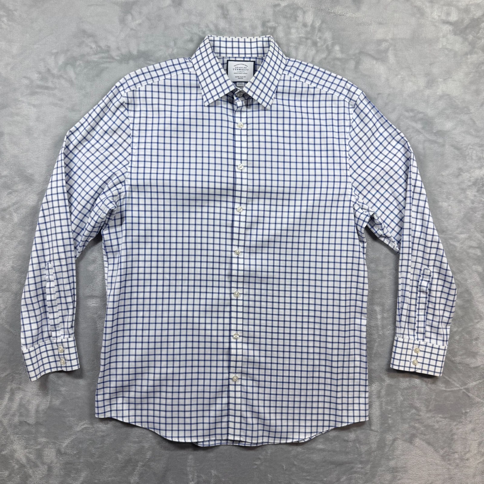 Charles Tyrwhitt Shirt Men 17-34 Blue extra Slim Fit Non Iron Dress Plaid Check