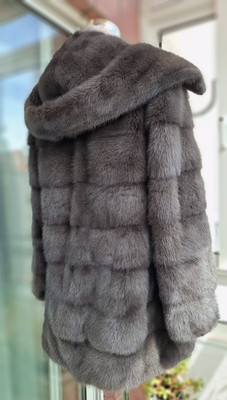 Genuine NERZ MINK НОРКА fur coat with hood ,color graphite./479/