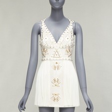 VERSACE 2011 Runway white studded leather silk skirt mini dress IT38 XS