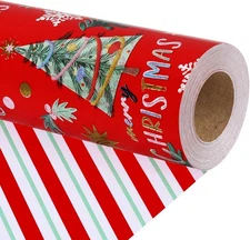 LaRibbons Reversible Christmas Wrapping Paper 17 Inch x 33 Feet, Holiday Tree 