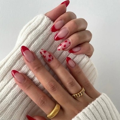 24 Pcs Valentines Day on Nail Heart False Nail Almond Press On Nail