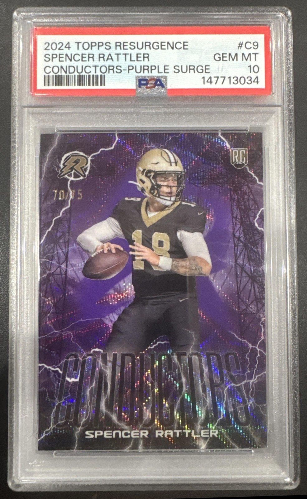 2024 Topps Resurgence Spencer Rattler #C-9 Conductors Purple Surge /75 RC PSA 10
