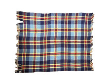 Vintage 100 Virgin Wool Blanket Troy Robe Plaid Tartan Throw Fringe Blue Red