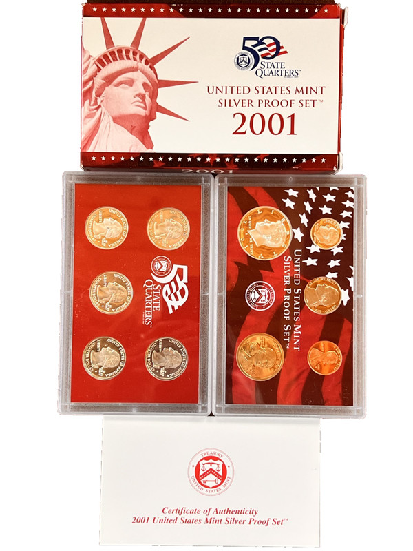 2001-S 90% Silver (1.85FV) US Mint 10 Coin Proof Set Box & COA (NOT toned)