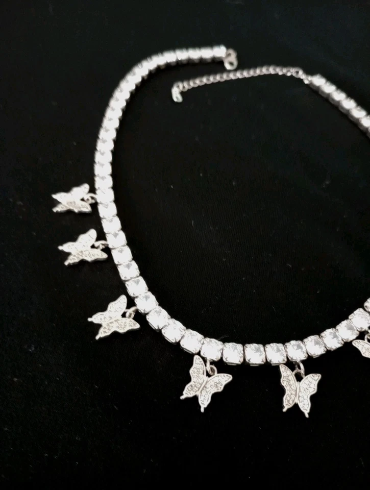 Silver Tone Butterfly  Charm Rhinestone  Necklace  Adjustable  13 to 15 in - Image 4 of 4