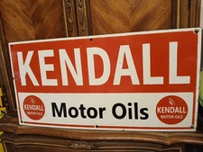 LARGE VINTAGE KENDALL MOTOR OIL HEAVY PORCELAIN METAL GAS STATION SIGN 30"×15"