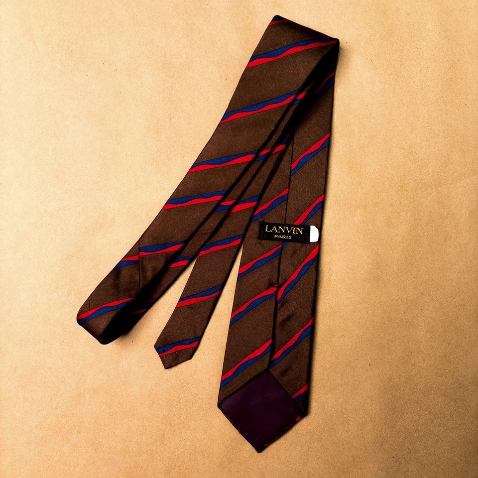 True Vintage Lanvin Men's Neck Tie 100% Silk Brown Blue Red Stripe Skinny Narrow - Image 4 of 4