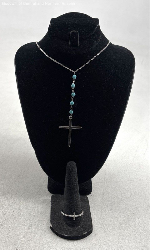 925 Sterling Silver CZ Faux Stone Jewelry w/Cross Necklace, Ring 4.4g