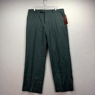 Perry Ellis Portfolio Dress Pants Mens 38x32 Green Pinstripe Formal Wide Leg NEW