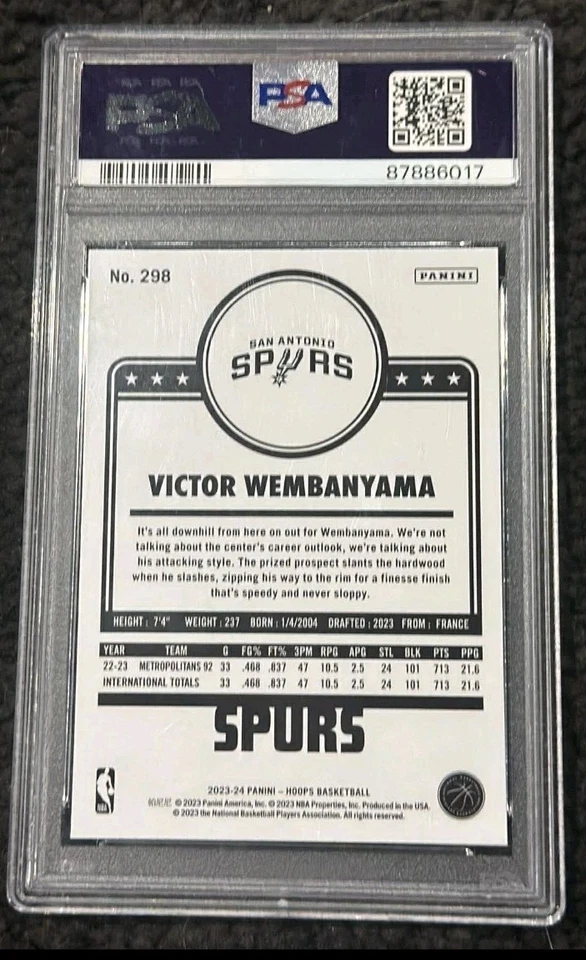 VICTOR WEMBANYAMA - Rookie RC 2023 NBA Hoops Basketball PSA 10 Gem Mint #298 - image 2 of 2
