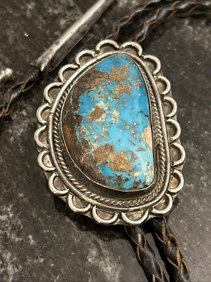 Corbata De Colección Bennett Bolo C-31 Navajo Nativo Americano Plata Turquesa Piedra Grande Foto 3 de 4