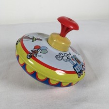 Vintage Ohio Art Tin Metal Spinning Top Toy Circus Train 5" Plastic Handle