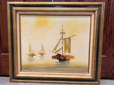 ANDREA MARINI MCM OIL PAINTING SEA SAILBOAT GOLD BLACK WOOD FRAME 32" * 28.5" EU