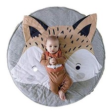 Grey Kids Teepee Play Mat - Round Carpet Cotton for Baby Floor Kids Room Fox