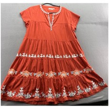 Roller Rabbit Dress Womens Sz L Orange Tiered Embroidered Midi
