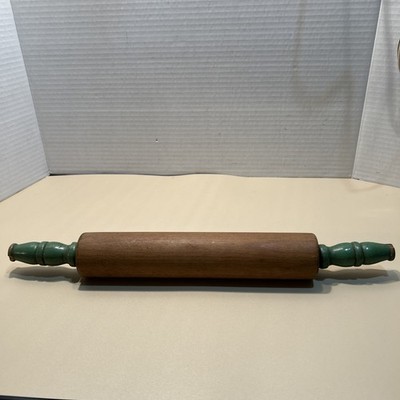 Vintage Wooden Rolling Pin Green Handles Primitive Farmhouse 50's/60's Old 15''