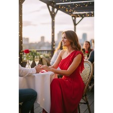 Davids Bridal F14818 Red One Shoulder Strap Crinkle Chiffon Knee Len Dress Sz 12