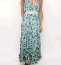 Halter Maxi Beach Dress True Destinations Boho Crochet XS Green & White Print