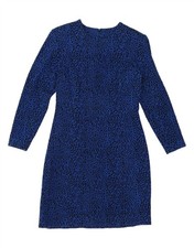 VINTAGE Womens Long Sleeve Sheath Dress UK 12 Medium Blue Animal Print DR50