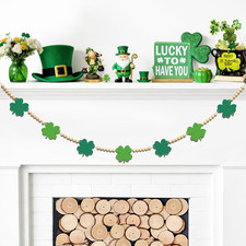 St. Patrick'S Day Decorations, Green Felt Shamrocks Wood Beads Garland for Farmh