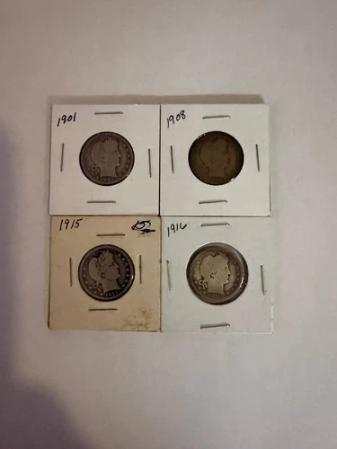 Silver Barber Quarters (Lot of 4) 1901 1908 1915 1916