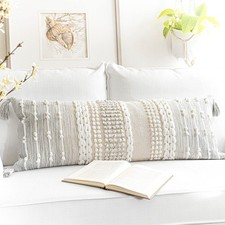 Gray Decorative Lumbar Pillow Cover 14x36, Boho Long Throw Pillow for Bed, Ac...