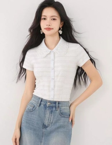 Chemisier Vintage Femme - Taille L - Blanc Brodé - Manches Courtes - Neuf étiqueté