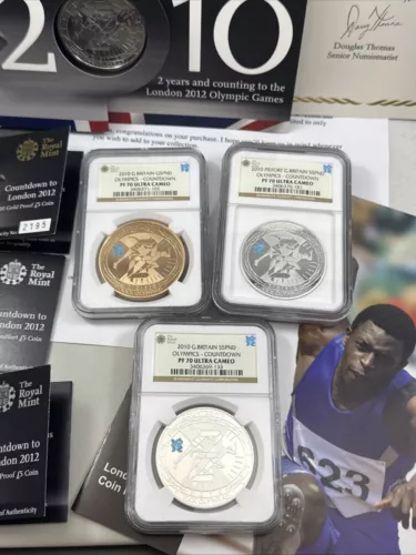 2010 UK London 2012 Olympics 5 Pound 1.177 oz Gold & Silver Coin Set NGC PF70