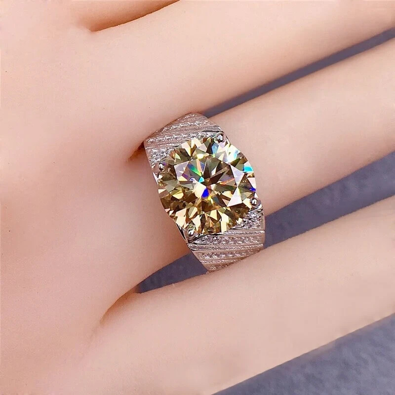 5 Carat Round Cut Yellow Moissanite 14K Diagonal Bead set Wide Tapered Band Ring