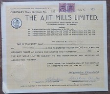 1961 Share certificate document Autograph sign AJIT MILLS Scripophily Collection
