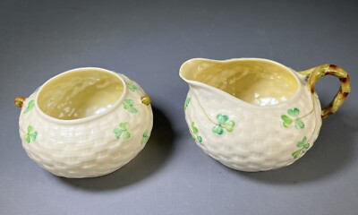 Belleek Shamrock Basketweave Sugar Bowl & Creamer