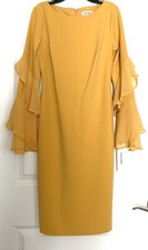 CALVIN KLEIN RUFFLE CHIFFON LONG SLEEVES SHEATH DRESS, OCHRE , Size 10 NWT
